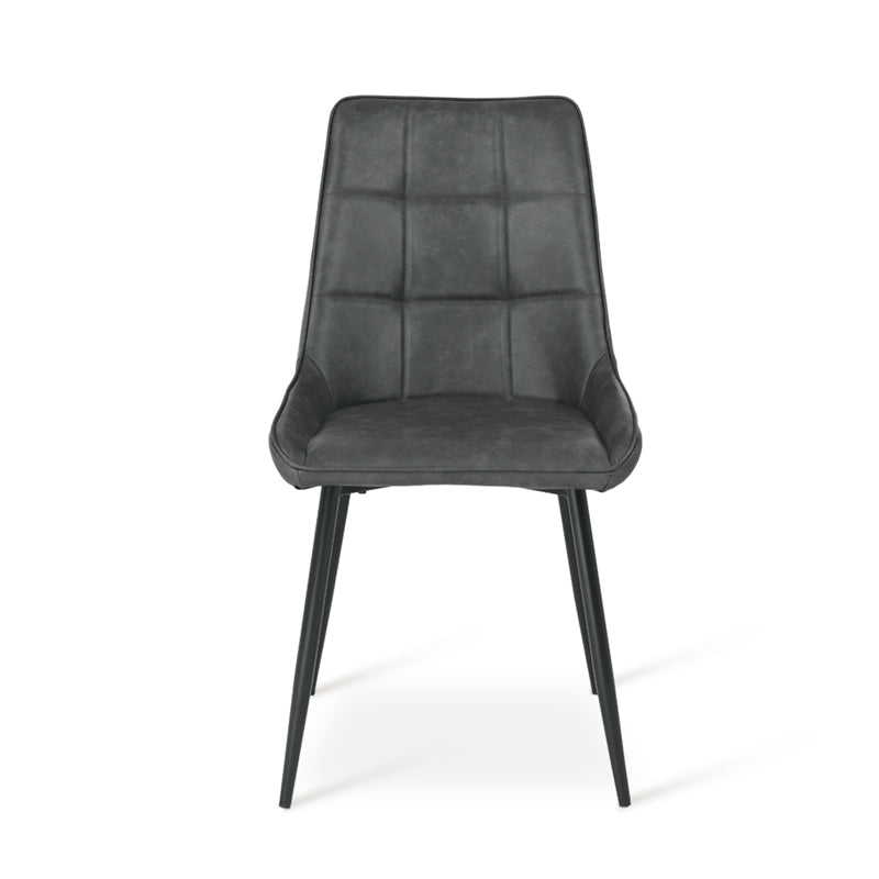 Close up of pu leather texture on cheap dining chairs UK Backrest detail of budget pu dining chair | Value dining chairs Angle view of space saving dining chair stacked | Cheap chairs for small spaces