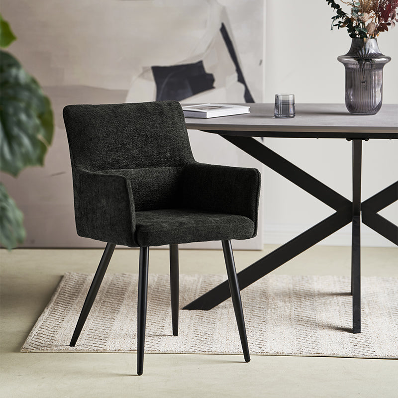 Set of 2 Kaya dining chairs HDC215005 with premium linen upholstery and solid walnut legs. Seat height: 18.5" (47cm). Ideal for modern farmhouse or Scandinavian dining rooms. Features stain-resistant fabric and non-scratch floor protectors. Modern budget dining chairs in family home setting