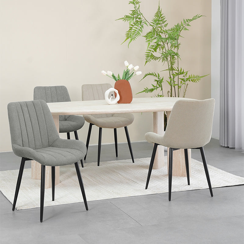 Affordable dining chairs in real UK home dining room | Budget decor
Cheap dining chairs styled with wooden table in small flat
Space saving dining chairs tucked under kitchen island | Value furniture
Modern budget dining chairs in family home setting
grey effect cheap dining chairs in bright kitchen diner