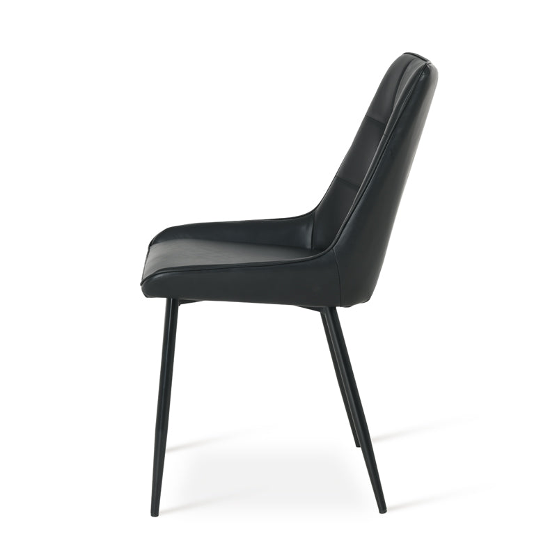 Cheap modern dining chair balck background | Budget pu leather seating
black dining chair isolated | Affordable dining chairs UK
Faux leather dining chair front angle | Value dining chairs under £99.99