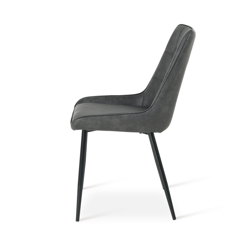 Close up of pu leather texture on cheap dining chairs UK Backrest detail of budget pu dining chair | Value dining chairs Angle view of space saving dining chair stacked | Cheap chairs for small spaces
