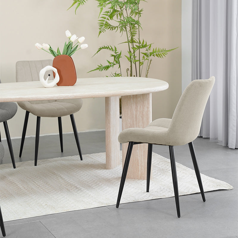 Affordable dining chairs in real UK home dining room | Budget decor
Cheap dining chairs styled with wooden table in small flat
Space saving dining chairs tucked under kitchen island | Value furniture
Modern budget dining chairs in family home setting
beige effect cheap dining chairs in bright kitchen diner
