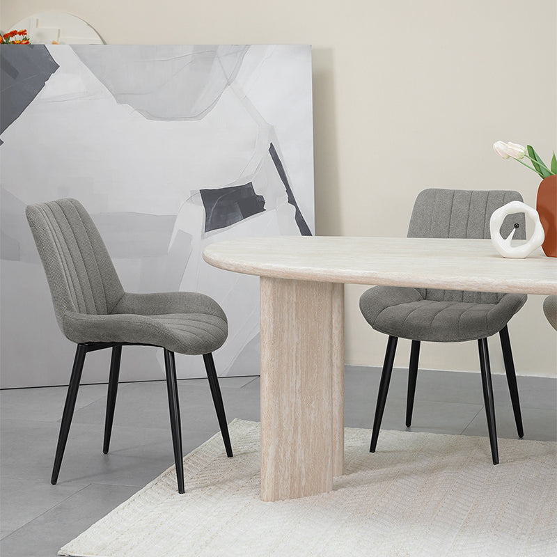 Affordable dining chairs in real UK home dining room | Budget decor
Cheap dining chairs styled with wooden table in small flat
Space saving dining chairs tucked under kitchen island | Value furniture
Modern budget dining chairs in family home setting
grey effect cheap dining chairs in bright kitchen diner