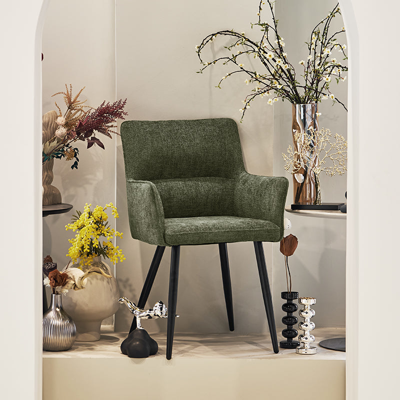 Set of 2 Kaya dining chairs HDC215005 with premium linen upholstery and solid walnut legs. Seat height: 18.5" (47cm). Ideal for modern farmhouse or Scandinavian dining rooms. Features stain-resistant fabric and non-scratch floor protectors.