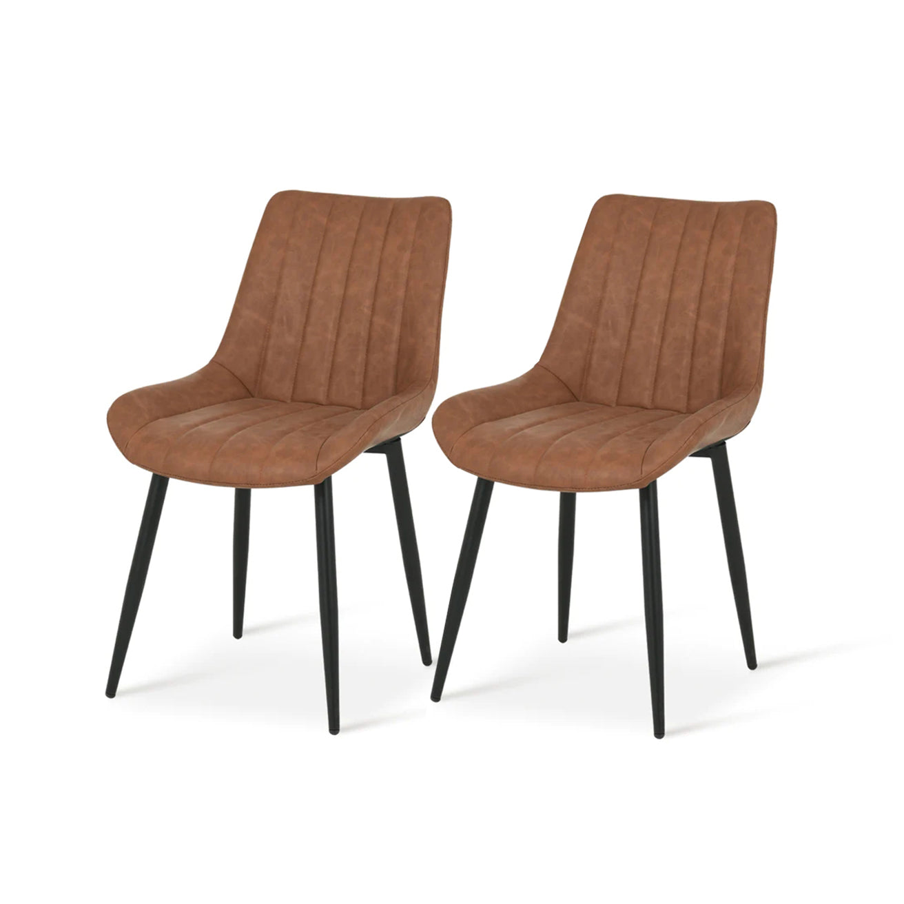 A set of two gray faux leather dining chairs with a modern design and metal legs, displayed in a room setting.