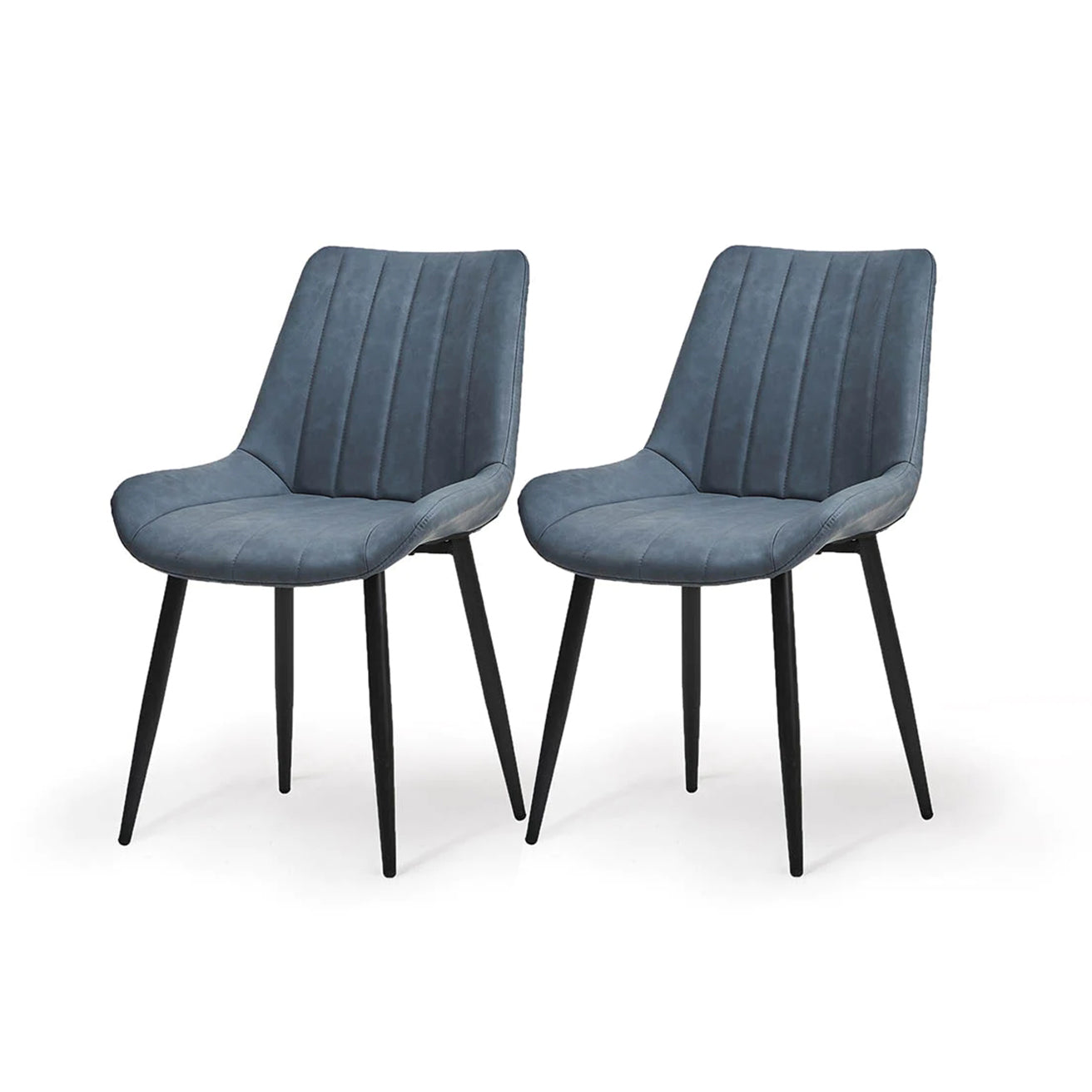 A set of two gray faux leather dining chairs with a modern design and metal legs, displayed in a room setting.