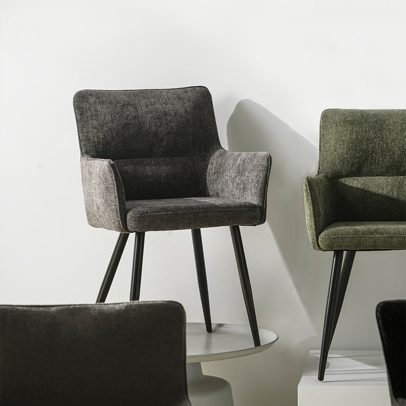 Set of 2 Kaya dining chairs HDC215005 with premium linen upholstery and solid walnut legs. Seat height: 18.5" (47cm). Ideal for modern farmhouse or Scandinavian dining rooms. Features stain-resistant fabric and non-scratch floor protectors.