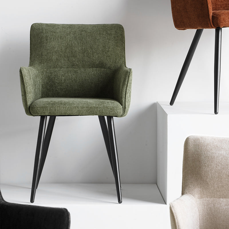 Set of 2 Kaya dining chairs HDC215005 with premium linen upholstery and solid walnut legs. Seat height: 18.5" (47cm). Ideal for modern farmhouse or Scandinavian dining rooms. Features stain-resistant fabric and non-scratch floor protectors.