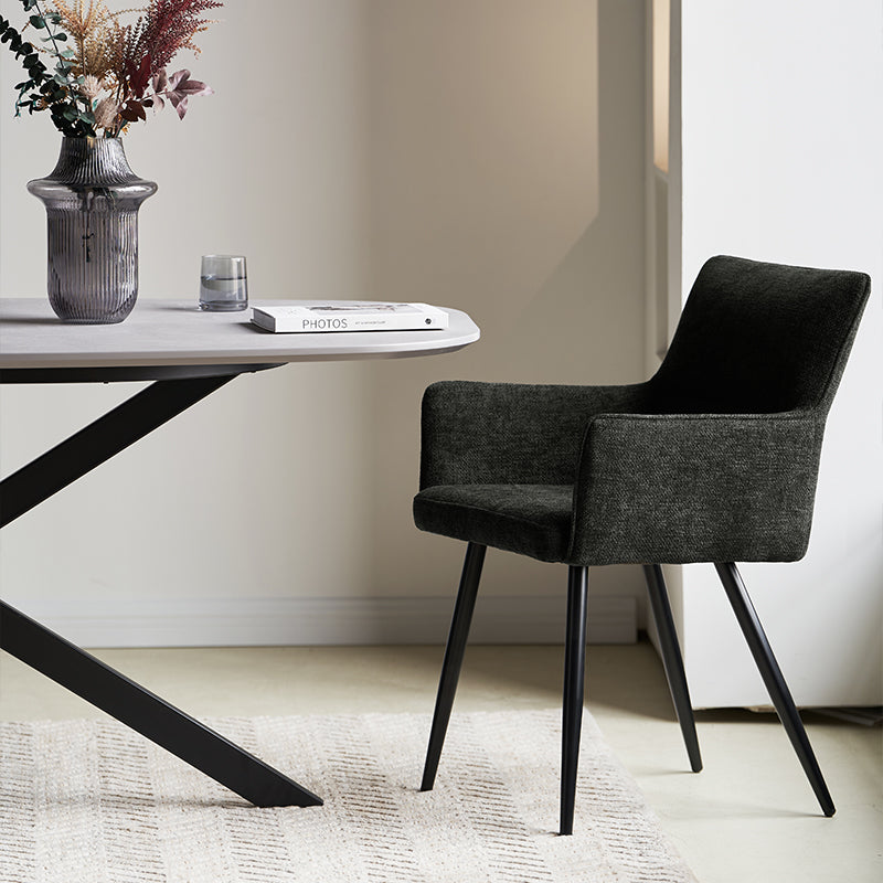 Set of 2 Kaya dining chairs HDC215005 with premium linen upholstery and solid walnut legs. Seat height: 18.5" (47cm). Ideal for modern farmhouse or Scandinavian dining rooms. Features stain-resistant fabric and non-scratch floor protectors.