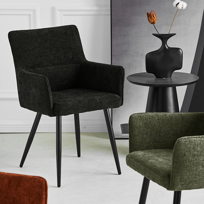 Set of 2 Kaya dining chairs HDC215005 with premium linen upholstery and solid walnut legs. Seat height: 18.5" (47cm). Ideal for modern farmhouse or Scandinavian dining rooms. Features stain-resistant fabric and non-scratch floor protectors.