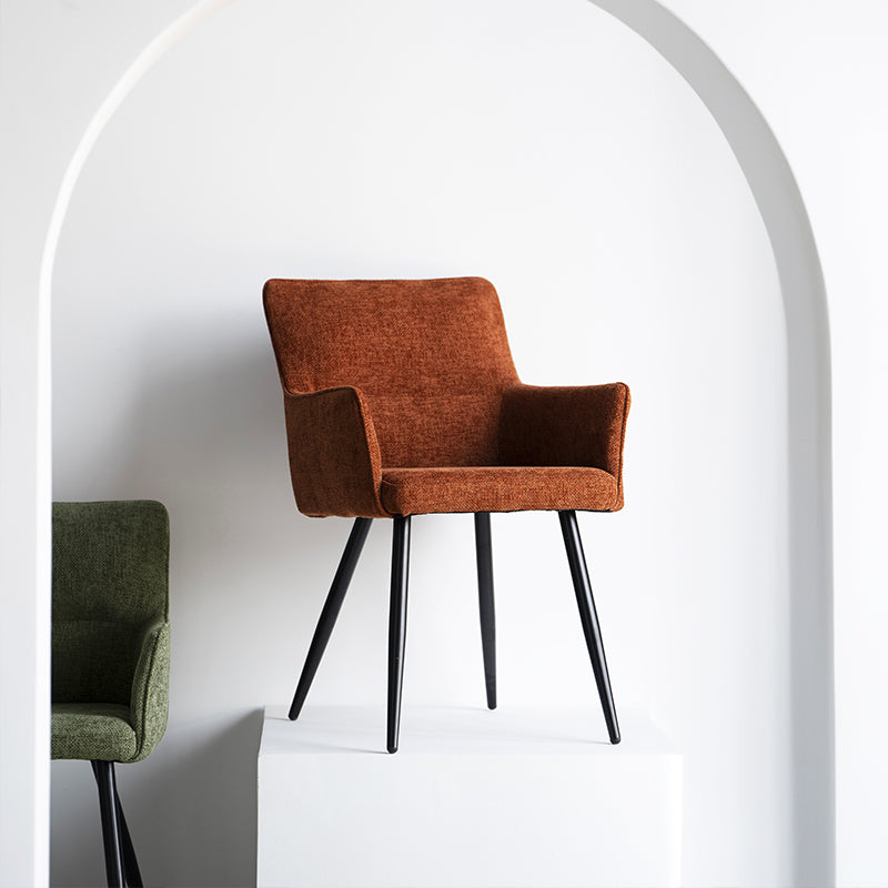 Set of 2 Kaya dining chairs HDC215005 with premium linen upholstery and solid walnut legs. Seat height: 18.5" (47cm). Ideal for modern farmhouse or Scandinavian dining rooms. Features stain-resistant fabric and non-scratch floor protectors.