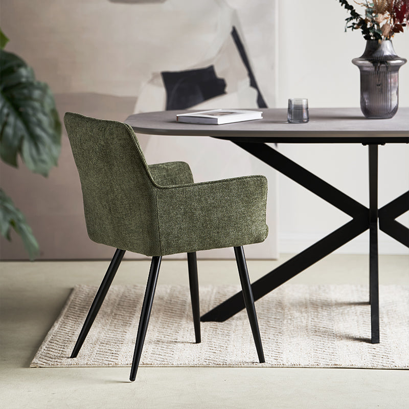 Set of 2 Kaya dining chairs HDC215005 with premium linen upholstery and solid walnut legs. Seat height: 18.5" (47cm). Ideal for modern farmhouse or Scandinavian dining rooms. Features stain-resistant fabric and non-scratch floor protectors.
