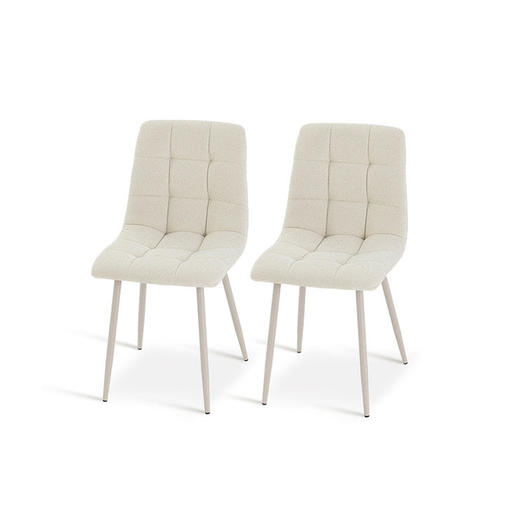 Experience comfort and style with Aoife Dining Chairs: linen blend upholstery, diamond grid stitching and slender metal legs for modern elegance.