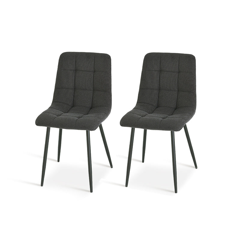 Experience comfort and style with Aoife Dining Chairs: linen blend upholstery, diamond grid stitching and slender metal legs for modern elegance.