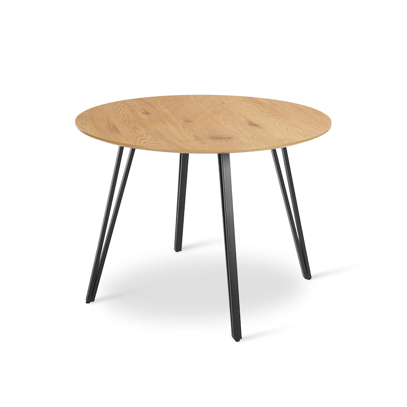 Add Scandi style warmth to UK homes with the OFCASA Fareeha 100 cm round table. Wood patterned melamine top, sleek black legs, durable and easy to clean.