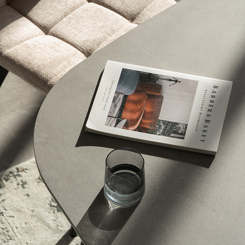 Discover the OFCASA Geena Ellipse Dining Table in grey marble melamine with black crossed metal legs. 180 cm seats six, durable & easy clean—ideal for modern UK dining.