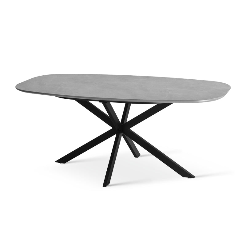 Discover the OFCASA Geena Ellipse Dining Table in grey marble melamine with black crossed metal legs. 180 cm seats six, durable & easy clean—ideal for modern UK dining.