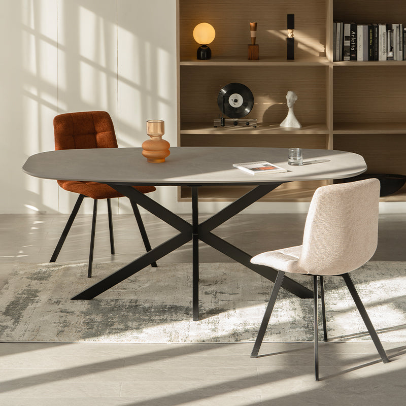 Discover the OFCASA Geena Ellipse Dining Table in grey marble melamine with black crossed metal legs. 180 cm seats six, durable & easy clean—ideal for modern UK dining.