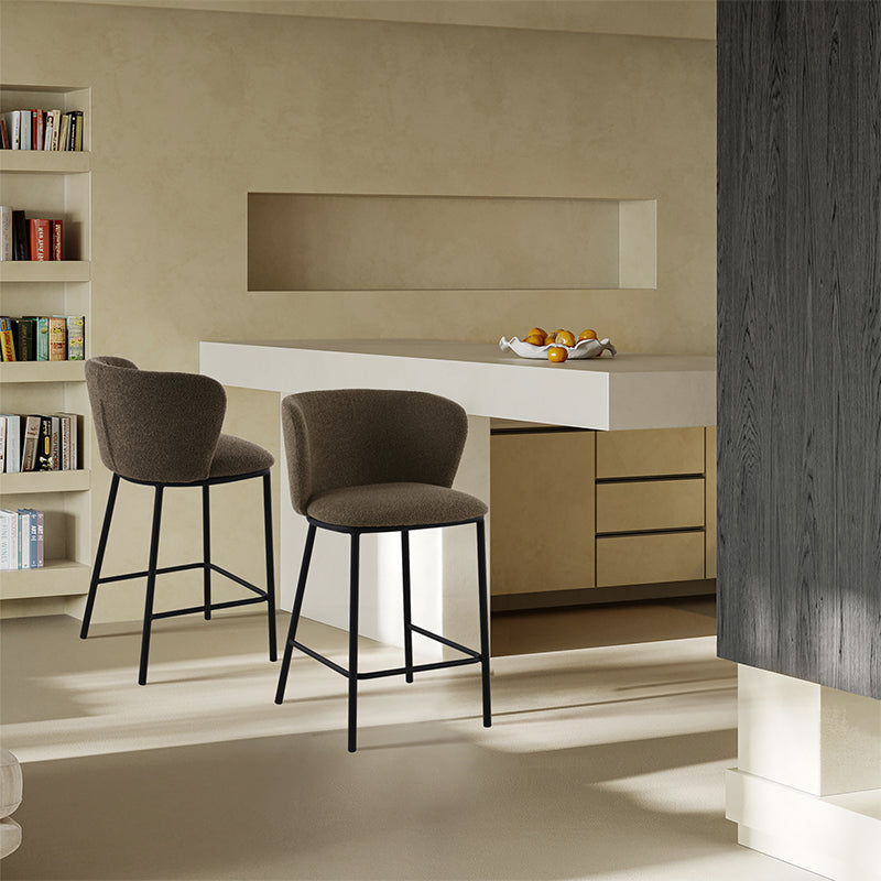 Discover OFCASA Karin Boucle Bar Stools—65 cm seat height, plush boucle upholstery, sturdy metal frame and foot pads. Stylish breakfast bar chairs for modern UK kitchens.