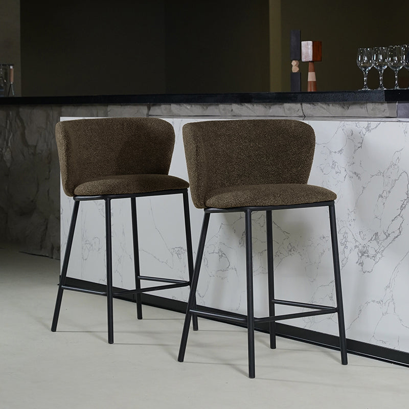 Discover OFCASA Karin Boucle Bar Stools—65 cm seat height, plush boucle upholstery, sturdy metal frame and foot pads. Stylish breakfast bar chairs for modern UK kitchens.