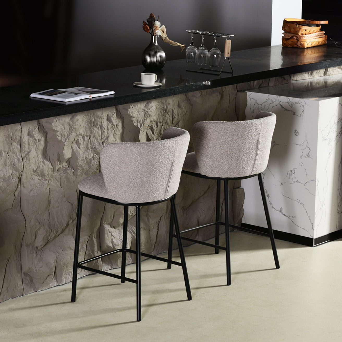 Discover OFCASA Karin Boucle Bar Stools—65 cm seat height, plush boucle upholstery, sturdy metal frame and foot pads. Stylish breakfast bar chairs for modern UK kitchens.