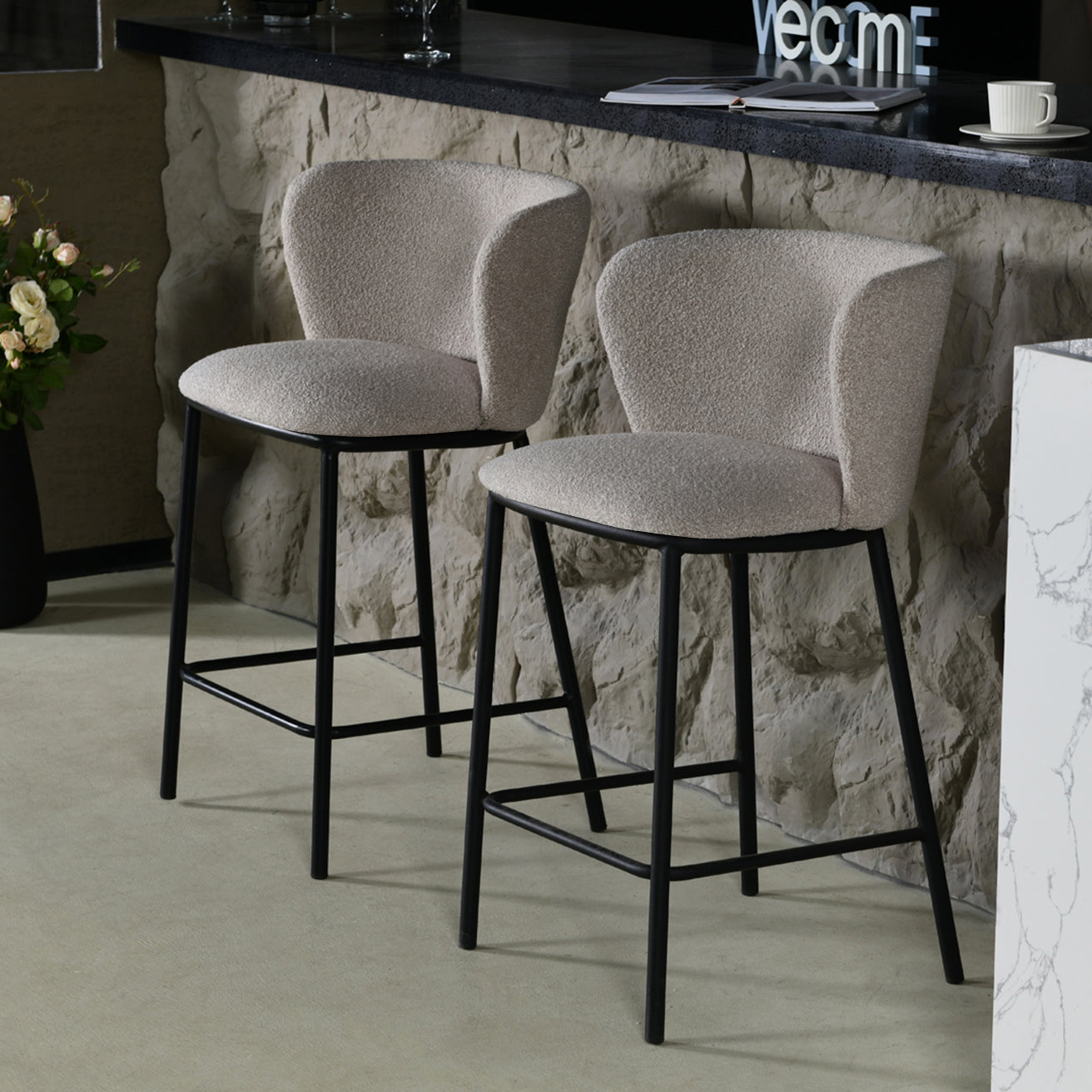 Discover OFCASA Karin Boucle Bar Stools—65 cm seat height, plush boucle upholstery, sturdy metal frame and foot pads. Stylish breakfast bar chairs for modern UK kitchens.