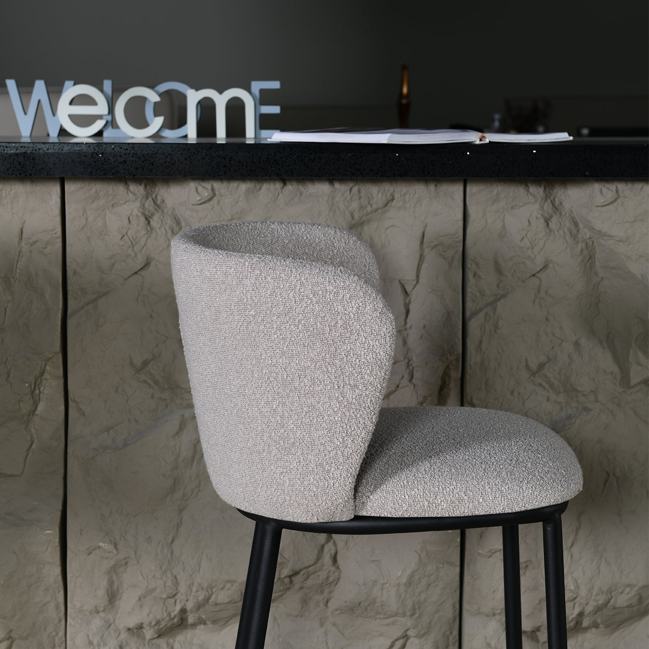 Discover OFCASA Karin Boucle Bar Stools—65 cm seat height, plush boucle upholstery, sturdy metal frame and foot pads. Stylish breakfast bar chairs for modern UK kitchens.