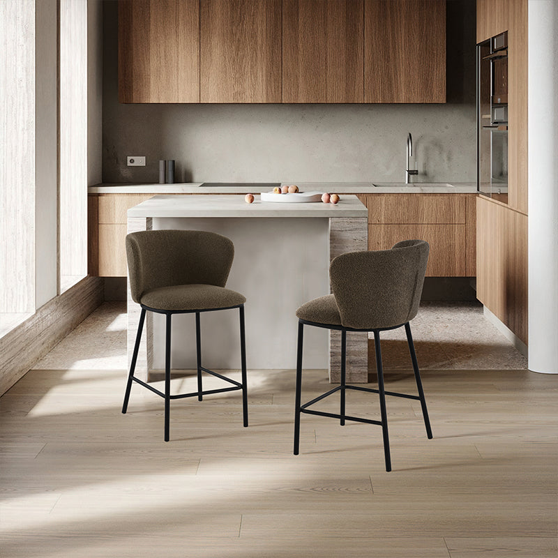 Discover OFCASA Karin Boucle Bar Stools—65 cm seat height, plush boucle upholstery, sturdy metal frame and foot pads. Stylish breakfast bar chairs for modern UK kitchens.