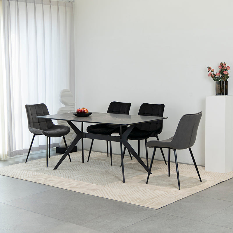 Discover the OFCASA Laila Rectangular Dining Table in dark grey marble patterned melamine. Features X crossed metal legs, non scratch pads, easy assembly—perfect for modern UK homes.