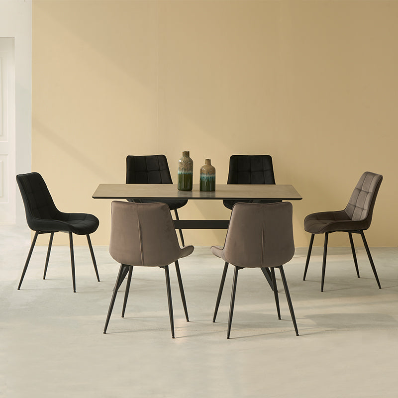 Create a sleek dining look with the Laila 240×90 cm marble pattern table and six Orozco velvet chairs on metal legs. Elegant and built to last.