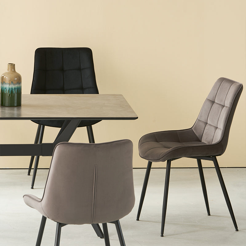 Create a sleek dining look with the Laila 240×90 cm marble pattern table and six Orozco velvet chairs on metal legs. Elegant and built to last.