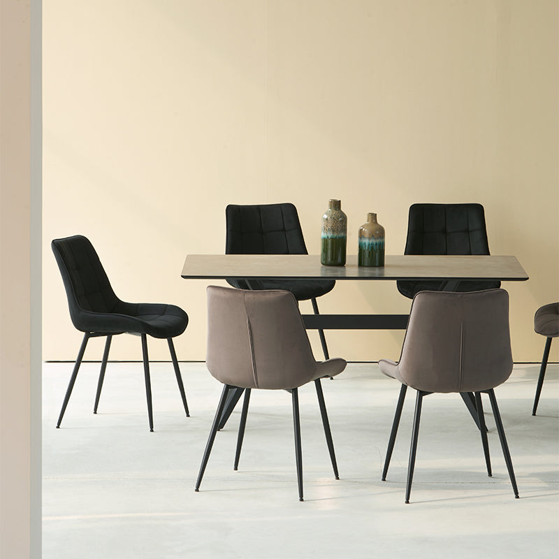 Create a sleek dining look with the Laila 240×90 cm marble pattern table and six Orozco velvet chairs on metal legs. Elegant and built to last.