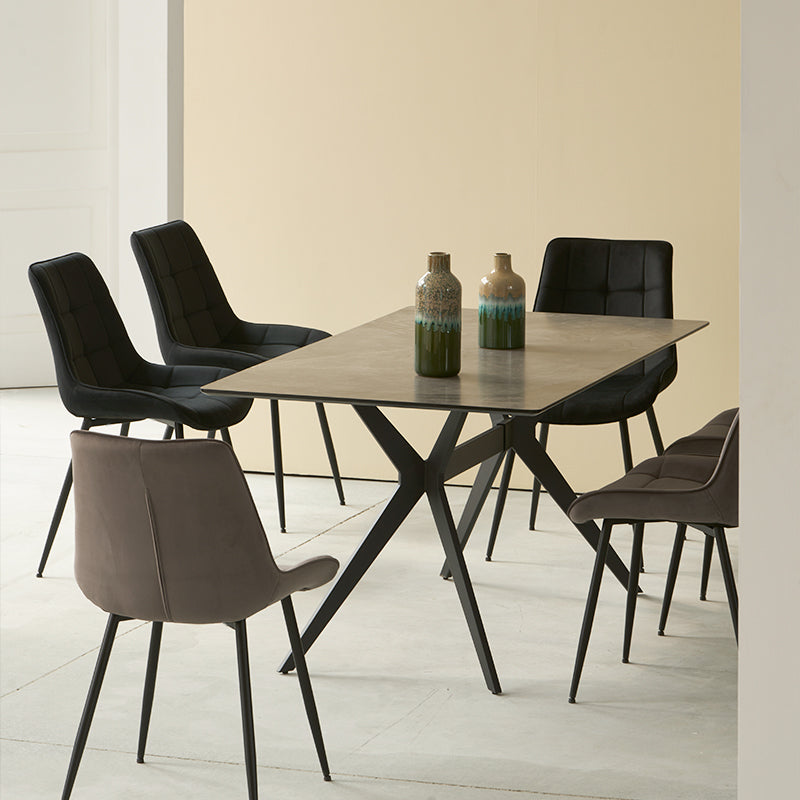 Create a sleek dining look with the Laila 240×90 cm marble pattern table and six Orozco velvet chairs on metal legs. Elegant and built to last.