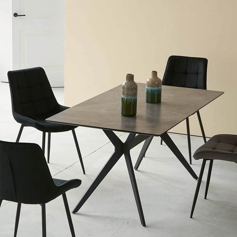 Create a sleek dining look with the Laila 240×90 cm marble pattern table and six Orozco velvet chairs on metal legs. Elegant and built to last.