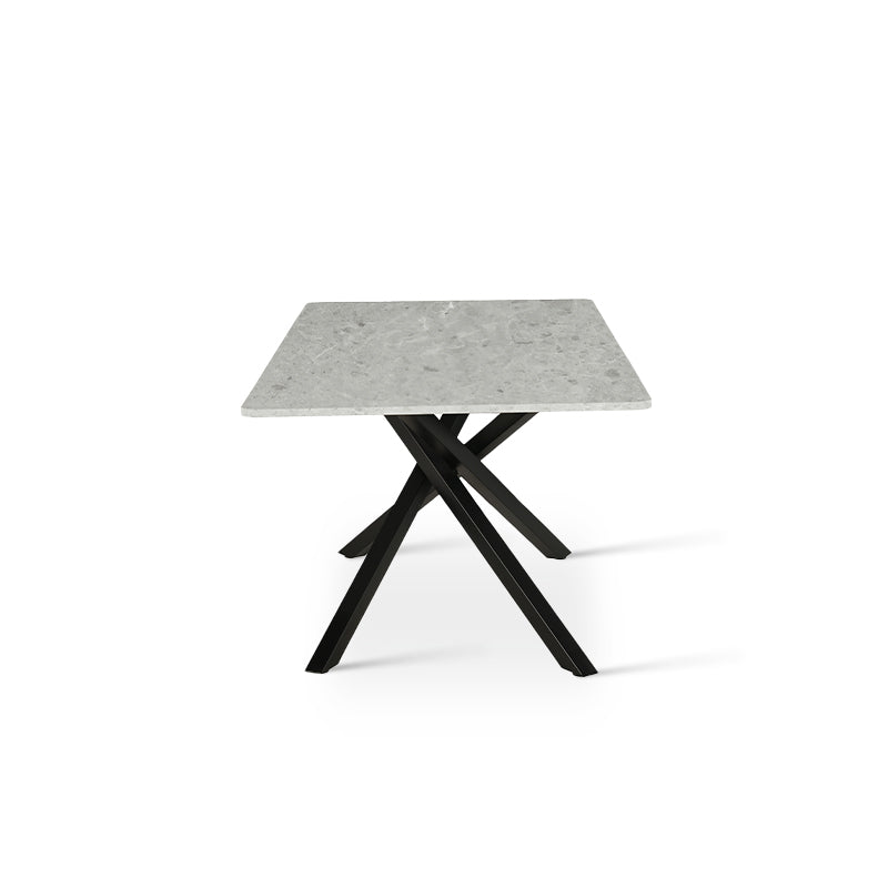 Elevate dinner parties with the Thalia Rectangular Dining Table from OFCASA. Its grey marble patterned tabletop and sculptural black metal legs create a statement of modern luxury.
