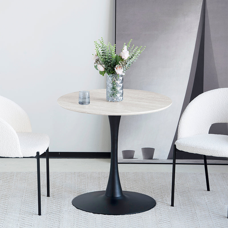 Bring boutique style to compact UK kitchens with the OFCASA Tiana 80 cm round dining table. Travertine effect top, sturdy black metal base, easy clean and simple to assemble.