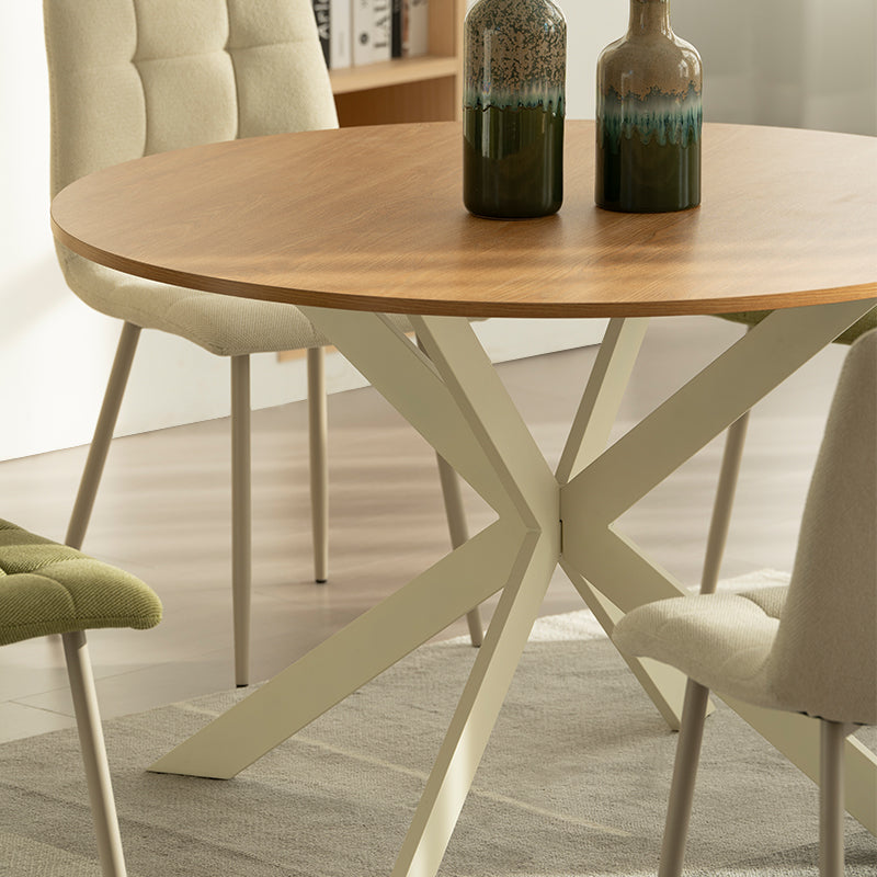 Discover the OFCASA Tilly Round Dining Table. 120 cm wood-effect melamine top, sturdy metal X-legs, and easy assembly—perfect for table and 4 dining chairs in modern UK homes.