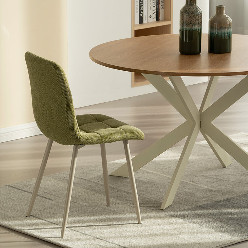 Discover the OFCASA Tilly Round Dining Table. 120 cm wood-effect melamine top, sturdy metal X-legs, and easy assembly—perfect for table and 4 dining chairs in modern UK homes.