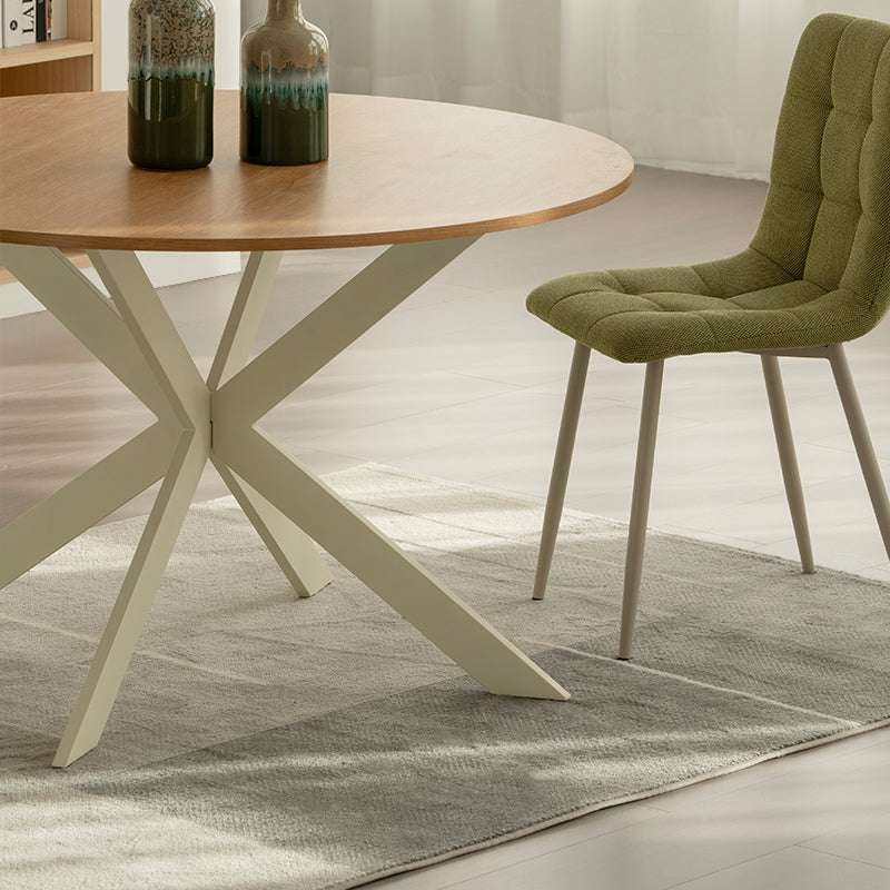 Discover the OFCASA Tilly Round Dining Table. 120 cm wood-effect melamine top, sturdy metal X-legs, and easy assembly—perfect for table and 4 dining chairs in modern UK homes.