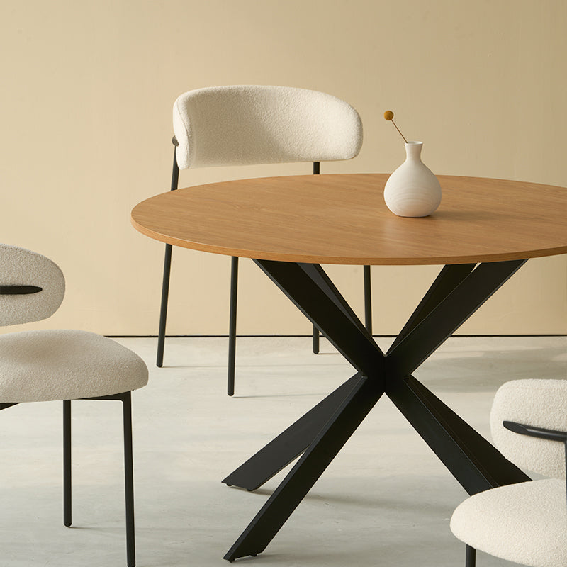 Discover the OFCASA Tilly Round Dining Table. 120 cm wood-effect melamine top, sturdy metal X-legs, and easy assembly—perfect for table and 4 dining chairs in modern UK homes.