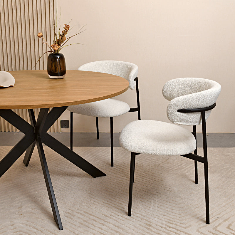 Discover the OFCASA Tilly Round Dining Table. 120 cm wood-effect melamine top, sturdy metal X-legs, and easy assembly—perfect for table and 4 dining chairs in modern UK homes.