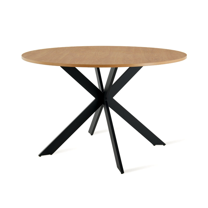 Discover the OFCASA Tilly Round Dining Table. 120 cm wood-effect melamine top, sturdy metal X-legs, and easy assembly—perfect for table and 4 dining chairs in modern UK homes.
