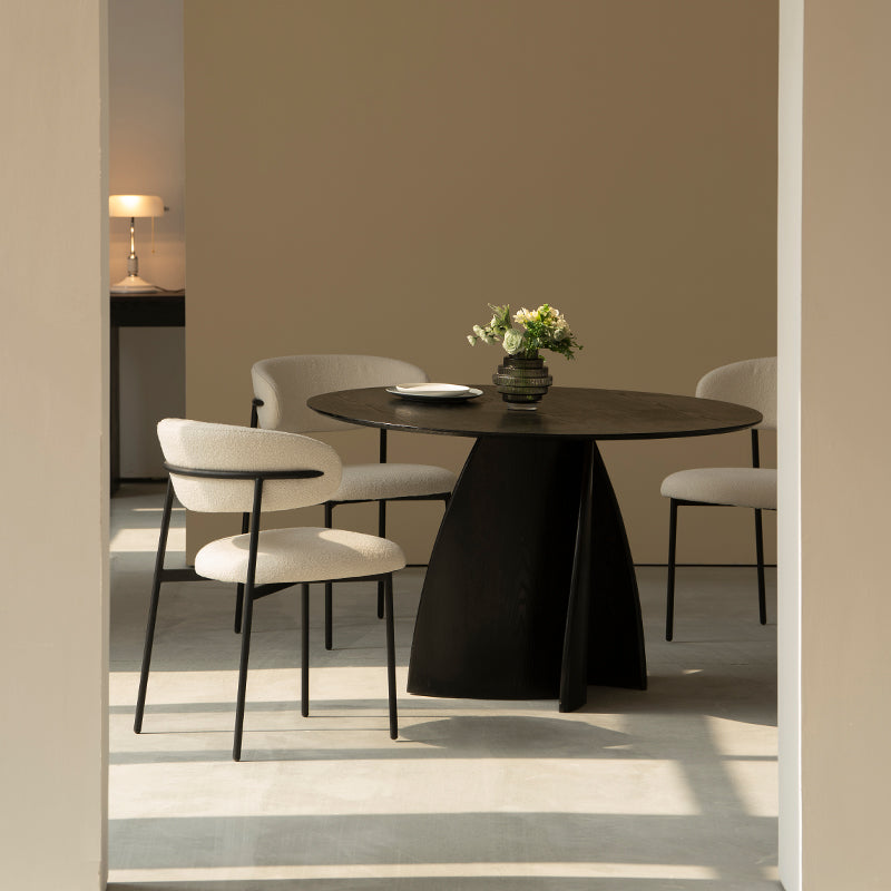 Modern Metal Legs & Curved Backrest - Zahra UDC23014 Combines Soft Texture with Industrial Chic Style Zahra UDC23014 Boucle Fabric Dining Chair - Contemporary Textured Upholstery with Sleek Metal Legs