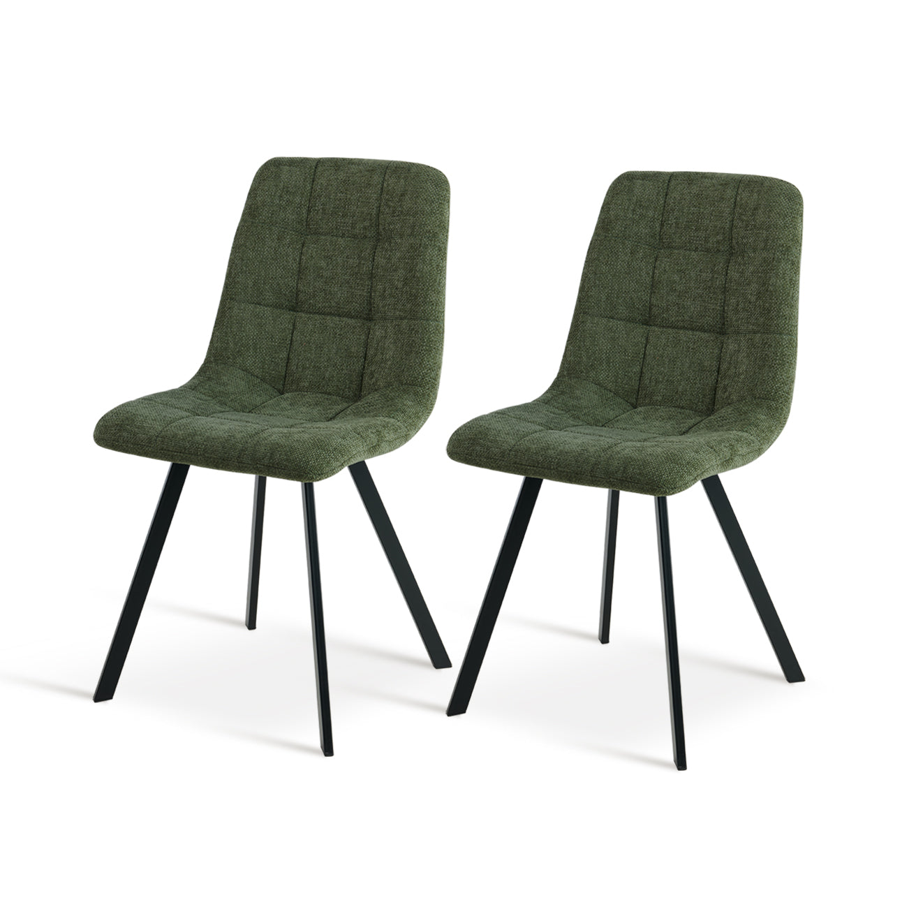 Pair of Aoife contemporary dining chairs in neutral fabric with slim black metal legs, perfect for modern kitchens and dining rooms. Space saving dining chair product shot | Cheap dining chairs set of 2 option