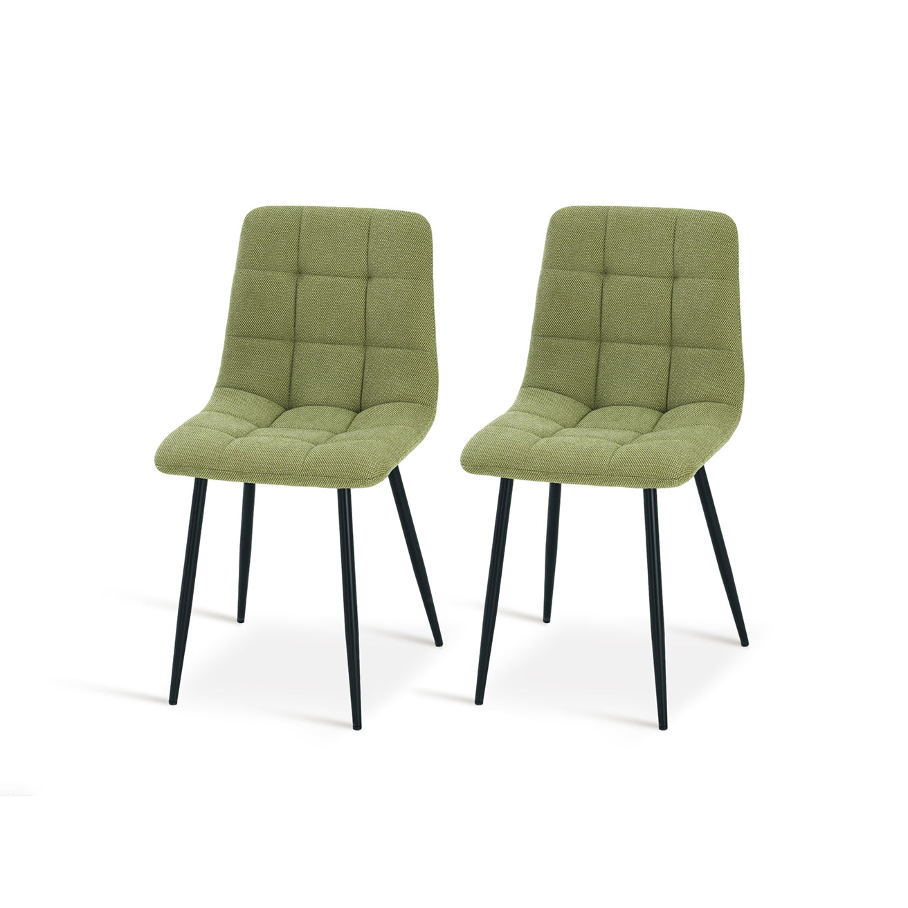 Experience comfort and style with Aoife Dining Chairs: linen blend upholstery, diamond grid stitching and slender metal legs for modern elegance.Modern budget dining chairs in family home setting
