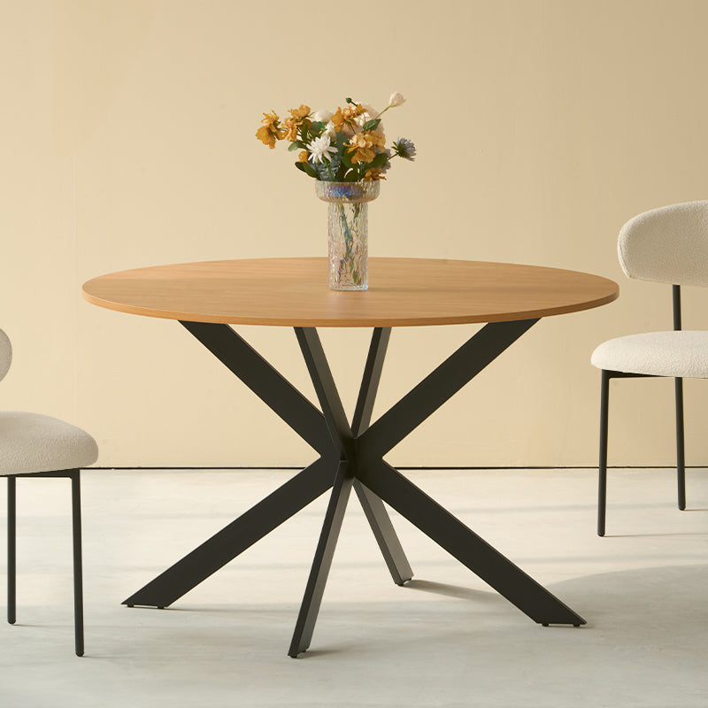 Discover the OFCASA Tilly Round Dining Table. 120 cm wood-effect melamine top, sturdy metal X-legs, and easy assembly—perfect for table and 4 dining chairs in modern UK homes. Affordable dining table in real UK home dining room | Budget decor