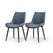 A set of two gray faux leather dining chairs with a modern design and metal legs, displayed in a room setting.