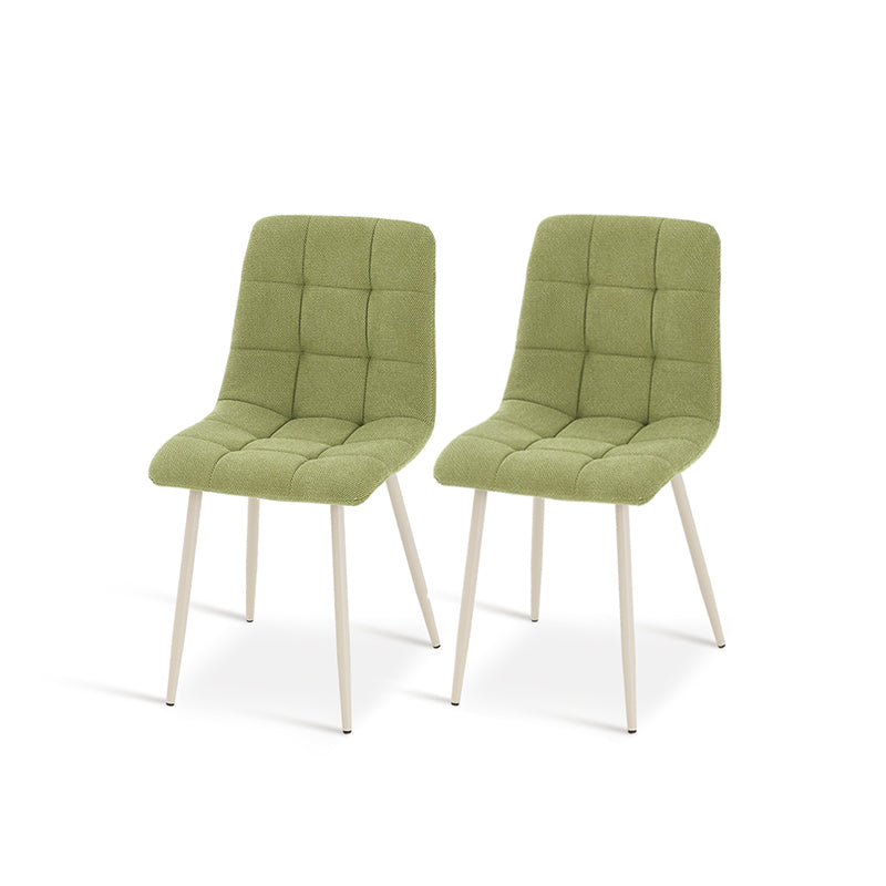 Experience comfort and style with Aoife Dining Chairs: linen blend upholstery, diamond grid stitching and slender metal legs for modern elegance.
