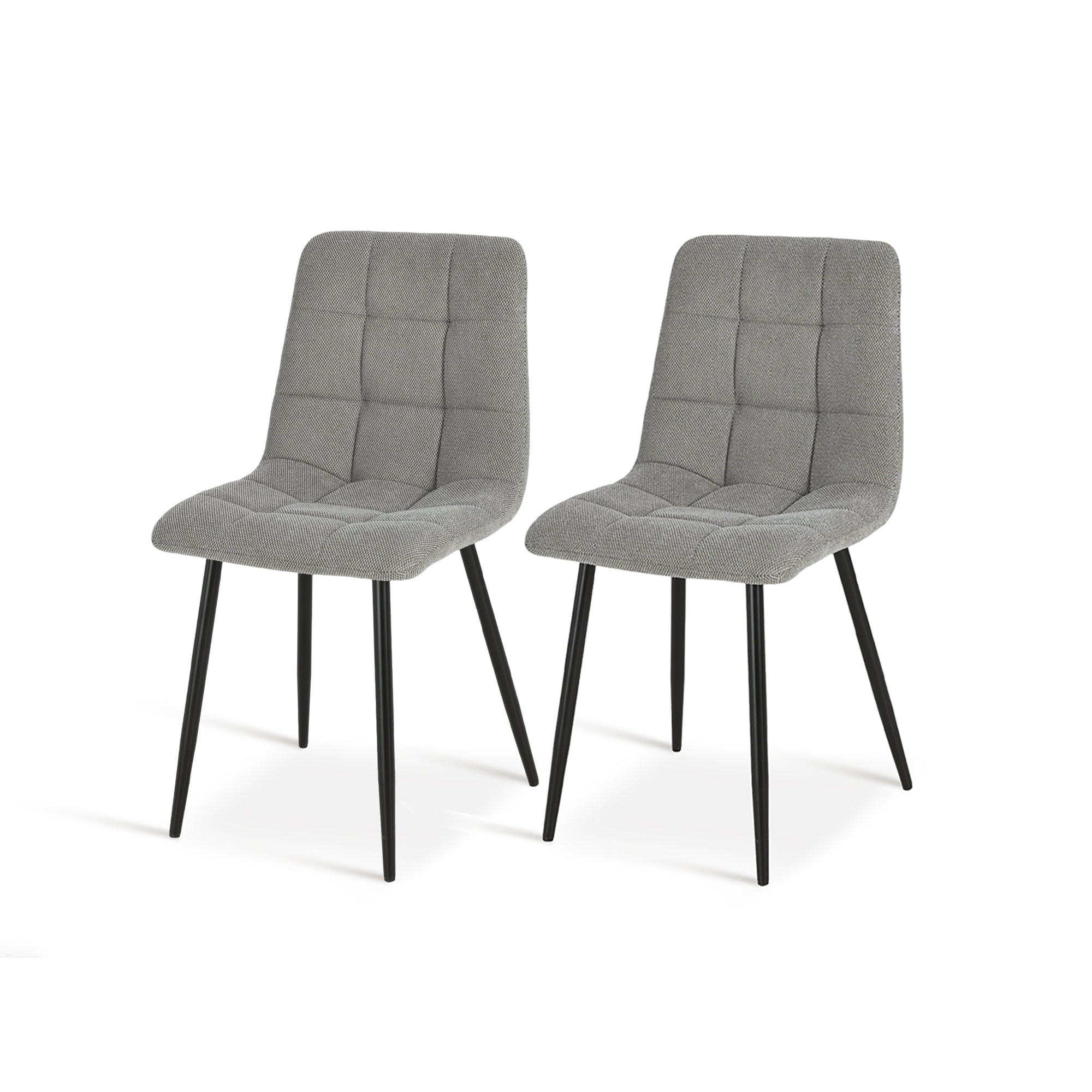 Experience comfort and style with Aoife Dining Chairs: linen blend upholstery, diamond grid stitching and slender metal legs for modern elegance.
