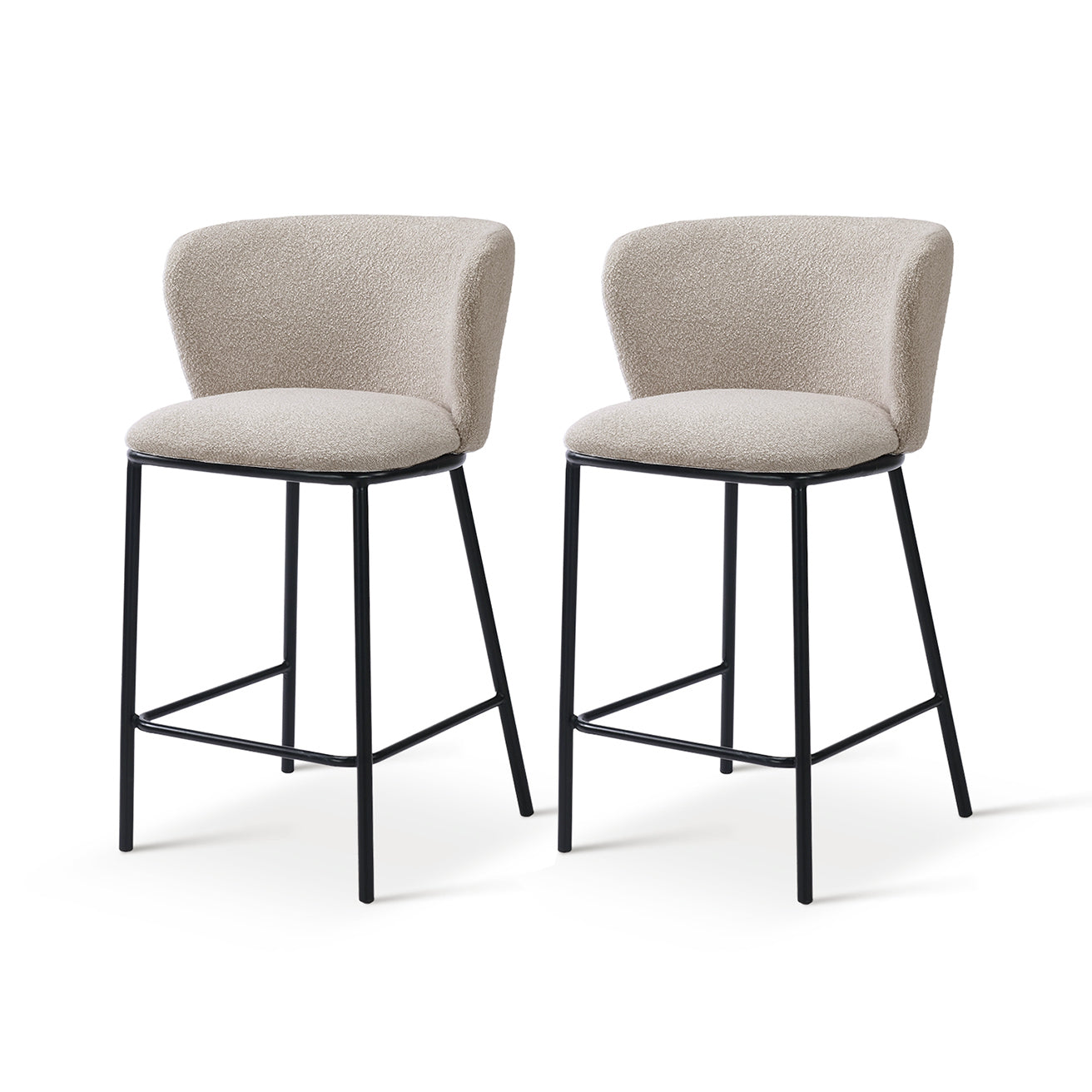 Discover OFCASA Karin Boucle Bar Stools—65 cm seat height, plush boucle upholstery, sturdy metal frame and foot pads. Stylish breakfast bar chairs for modern UK kitchens.